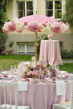Dekoracja stołu na chrzciny dziewczynki w kolorach różu i bieli z użyciem pięknych kwiatów.